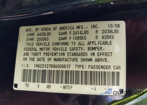 2009 Honda Accord 2.4 Ex from USA, damaged, VIN 1HGCS12799A006637